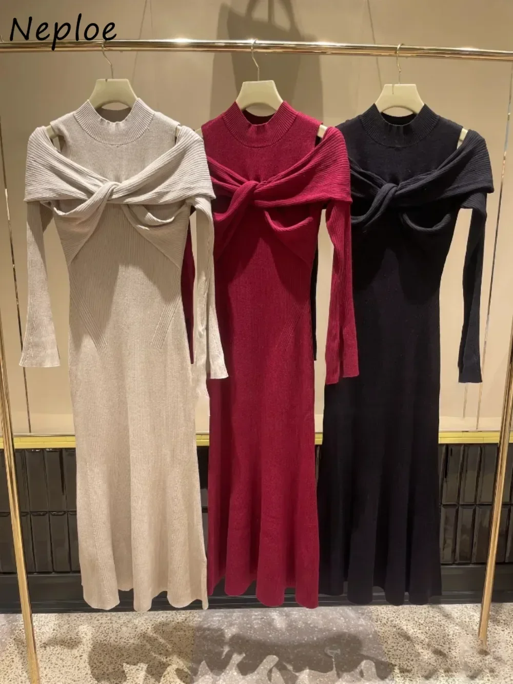 Neploe Commuter Cross Half-high Collar Flare Sleeve Knit Dress Off Shoulder Slim Mermaid Bodycon Robe Japan High Waist Vestido