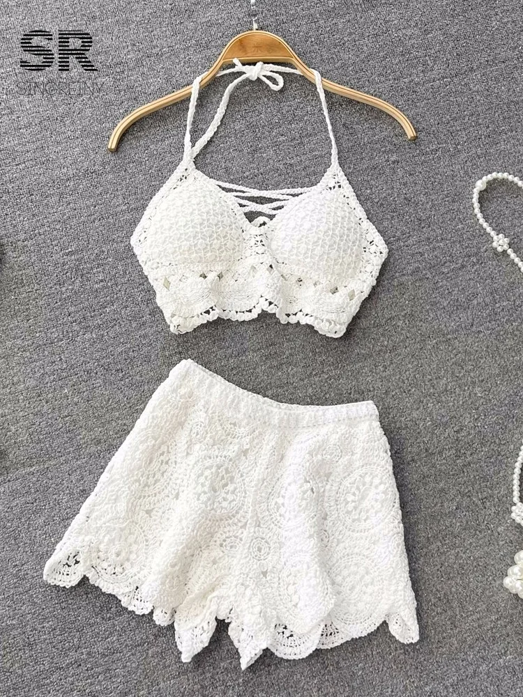 SINGREINY Knit Two Piece Sets Women Summer Vacation Backless Camisole Elastic Waist Shorts Hollow Out Y2K Beach Style Suits - Image 2