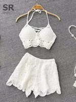 SINGREINY Knit Two Piece Sets Women Summer Vacation Backless Camisole Elastic Waist Shorts Hollow Out Y2K Beach Style Suits - Image 2