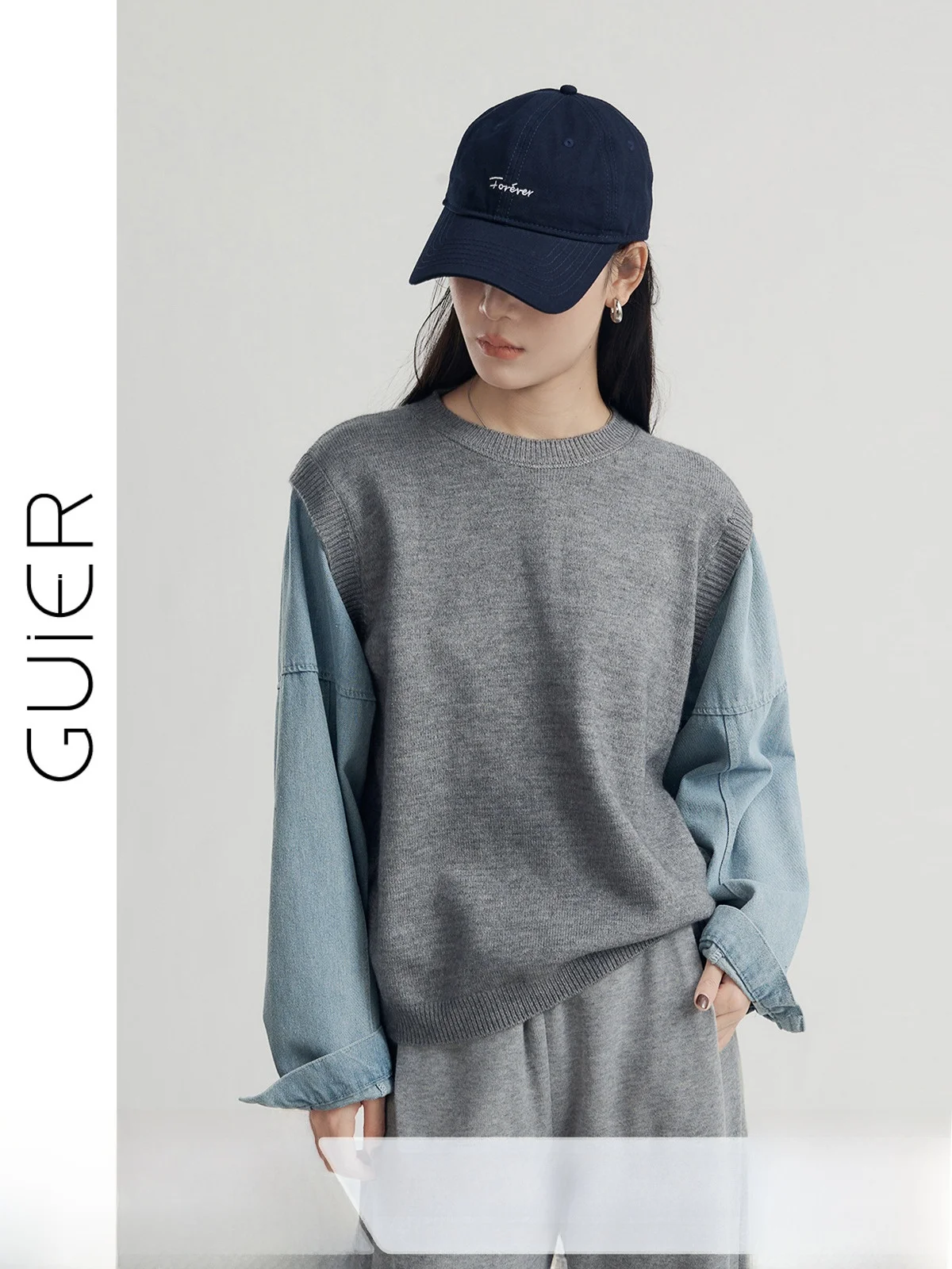 

Повседневный джинсовый вязаный топ, женский круглый свободный крой, весна 202, новый модный длинный свек для девочек из двух предметов