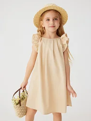 Wholesale Baby Girls Keyhole Dress Ruffle Trim Plicated Dress  Casual Solid Color Kids Summer  Clothes Cheap Dropshipping