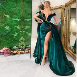 Sexy Green Off-Shoulder V-Neck Evening Gown Sequined Crystal Mermaid Slit Decal Floor-Length Formal Party Dress with Women