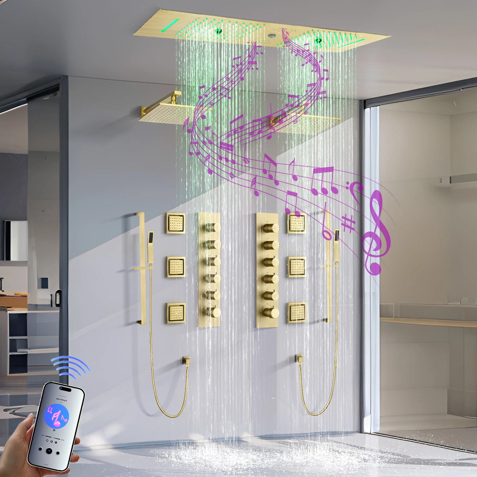 Ceiling Embedded Led Shower Head with Music Speaker 900*300mm Waterfall Brushed Gold Thermostatic Shower Faucet Set