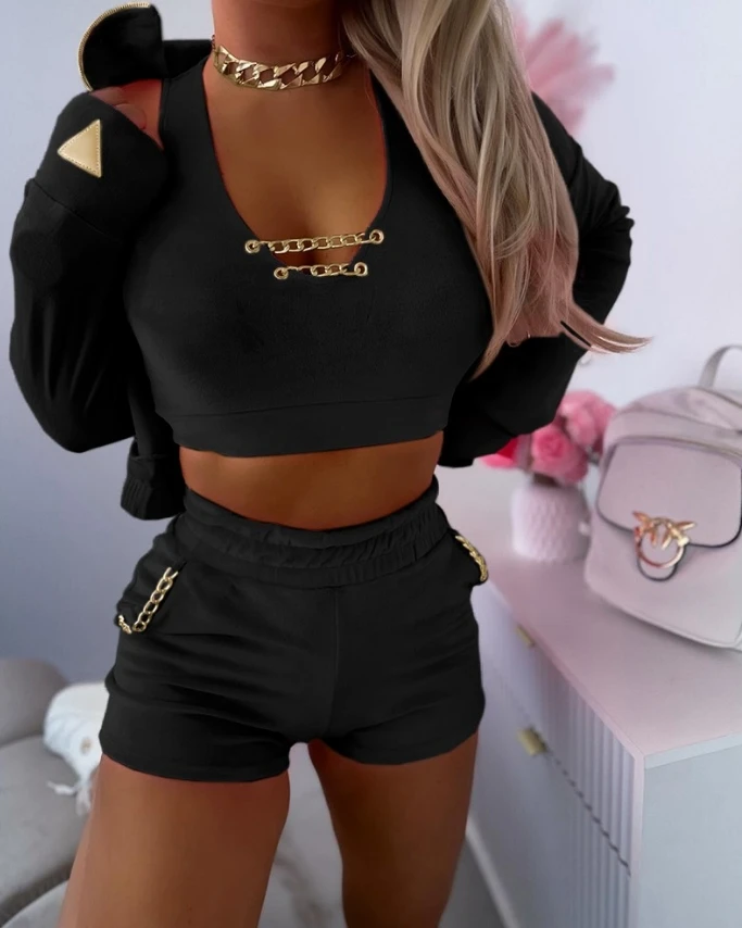 3Pcs Women Outfit 2024 Summer Fashion Chain Decor Crop Top & Pocket Design Casual Shorts Set with Zipper Design Long Sleeve Coat