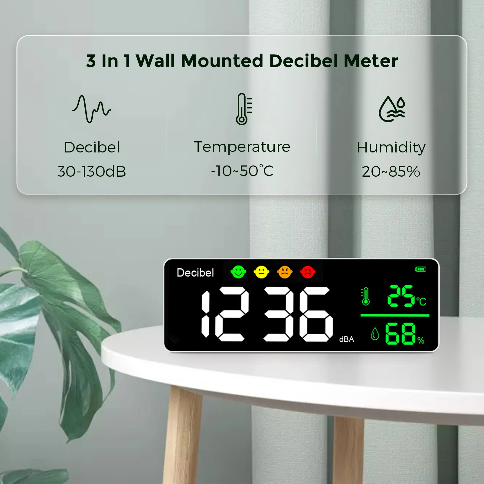 

3 In 1 Wall Mounted Digital Decibel Meter 30-130dB with Temperature Humidity Monitor, LED Display, High Accuracy for Indoor Use