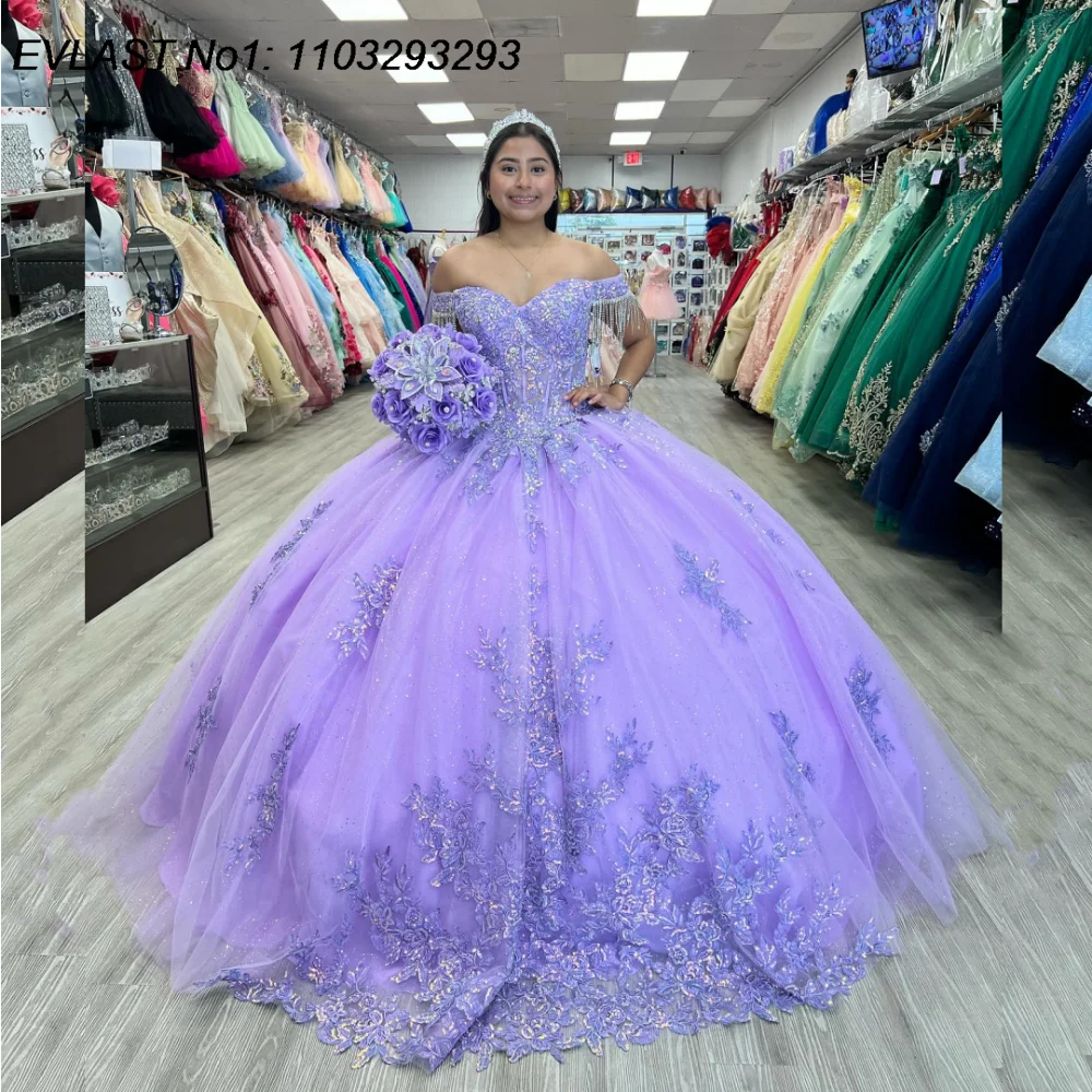 EVLAST personalizado De lujo Lila Vestido para quinceañeras Vestido De baile Apliques De encaje rebordear arco corsé dulce 16 Vestido De 15 Anos E1Q231