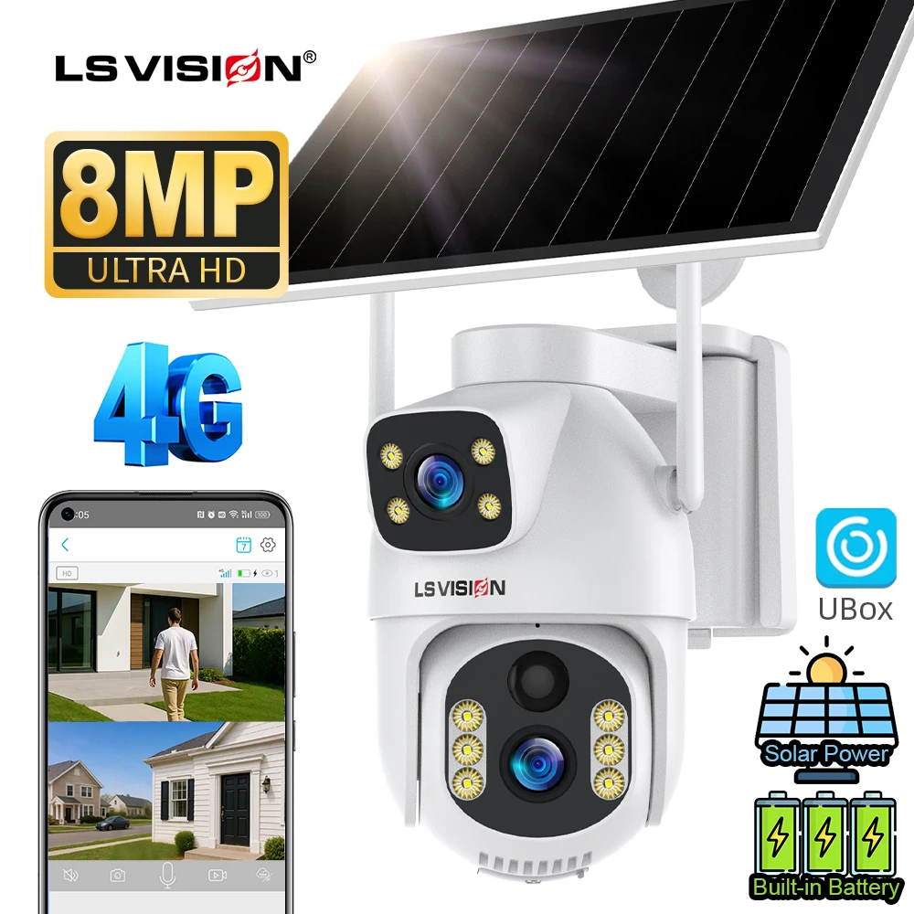 

LS VISION 4G Solar Powered Camera Dual Screen Outdoor 8MP PIR Detection Color Night Vision Auto Tracking Security Cam Ubox App