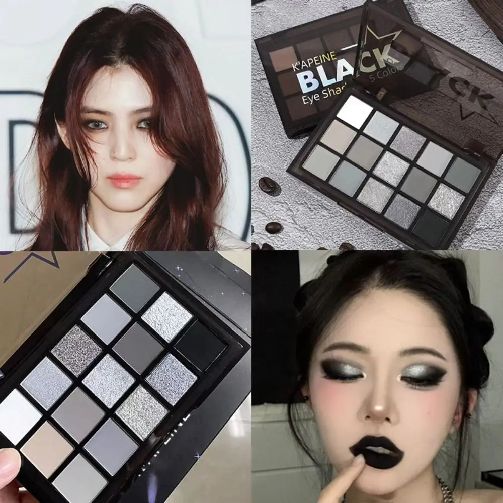 Paleta de sombra de ojos negra ahumada de 15 colores, paleta de sombra de ojos de tonos fríos mate resistente al agua, maquillaje de ojos gris oscuro