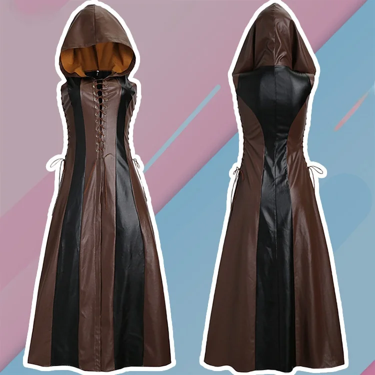 

WiBay Best Selling Long Hooded Leather Skirt Svel Front Bule Five Yard Cosplay Women's Clothing Anime Themed Props