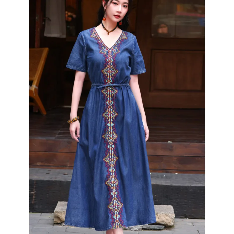 #2779 Drawstring Waisted Denim Dress Women Short Sleeve V-neck Embroidery Vintage A-line Dress Female Jeans Dress Blue Summer