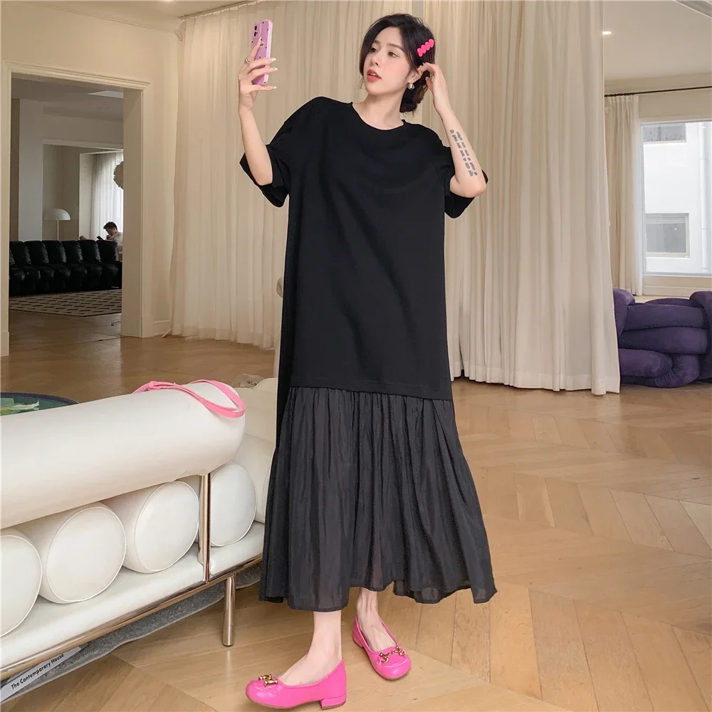 2025 Summer New Long Dress Women's Knitted Fabric Cotton Loose Panel Large Hemline T Shirt Dress Large