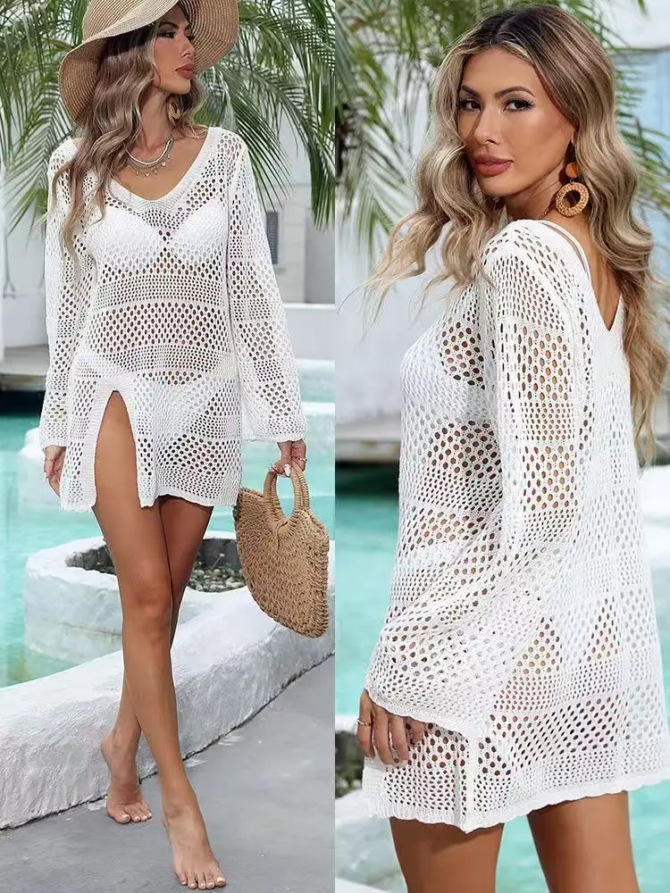 فستان شفاف للحماية من الشمس للنساء 2024 - سترة شاطئ بوهو بأكمام طويلة من الدانتيل الكروشيه مع رقبة على شكل V