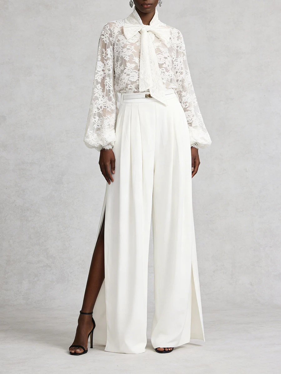 VGH French Style Sweet Solid Two Piece Sets For Women Lapel Long Sleeve Lace Top High Waist Pants Casual Fresh Set Female New