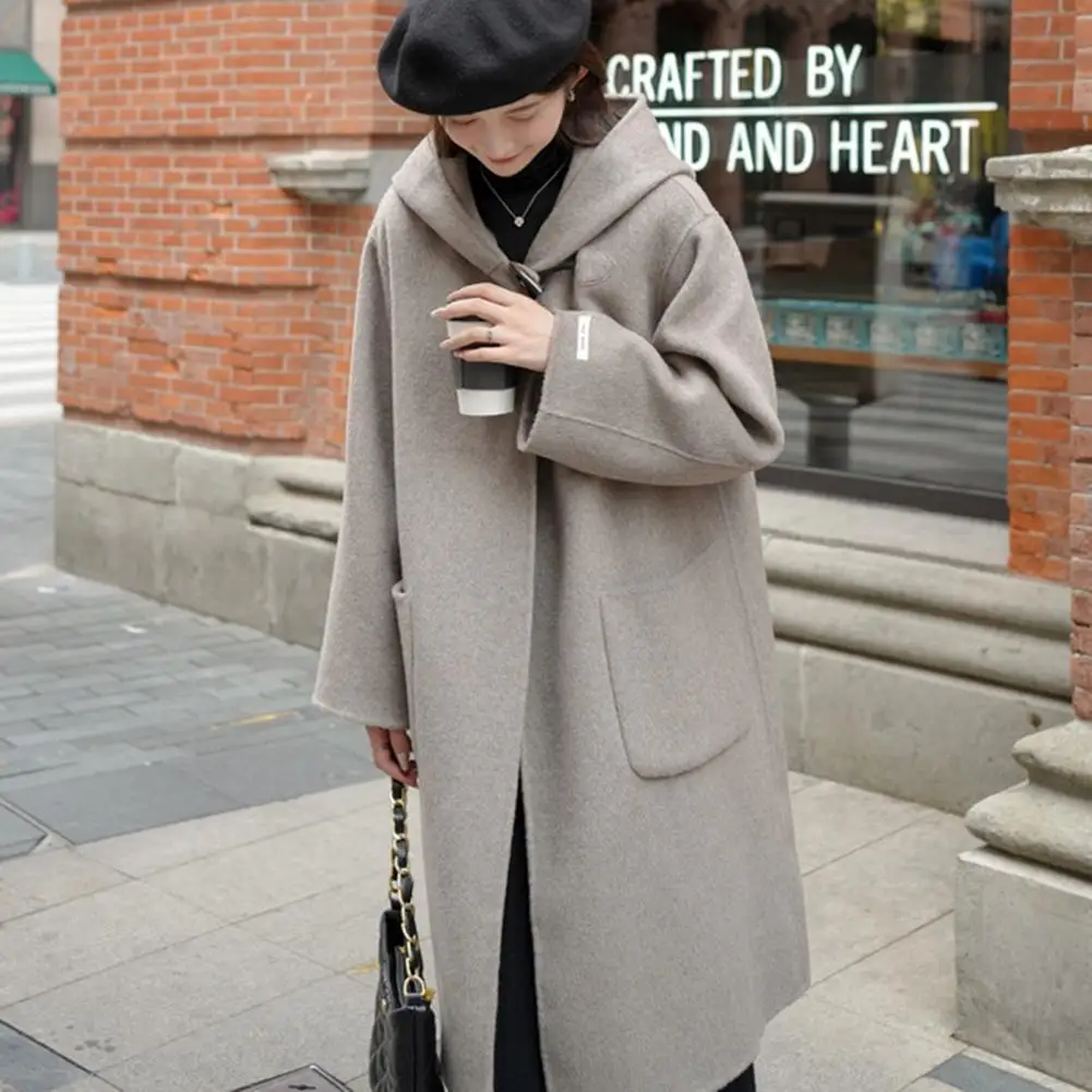 Winter Women Overcoat Hooded Open Stitch Korean Windbreaker Cardigan Mid Length Coat Thermal Long Sleeves Woollen Coat