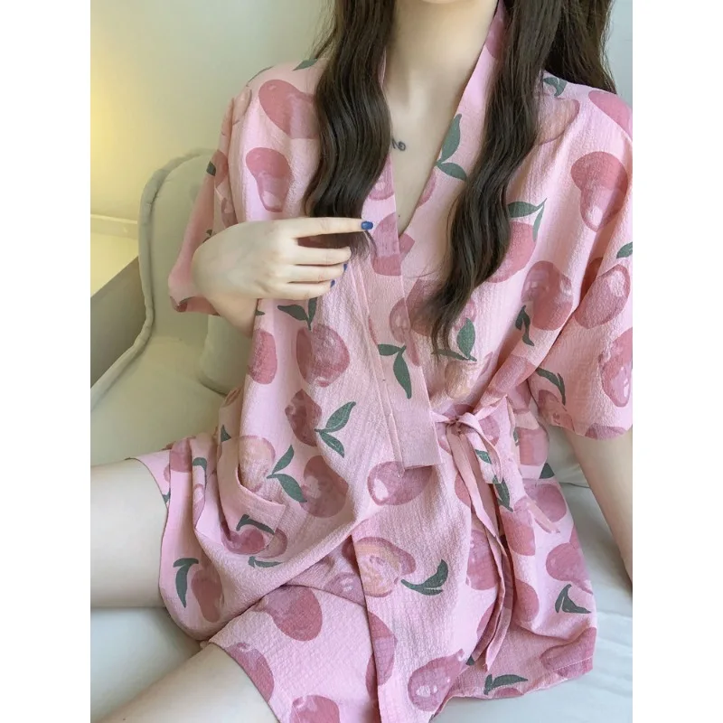 Womens Nightwear Loungewear Kimono Pajamas Student Short Sleeves Shorts Peach Print Tops and Pants Set Sleepwear Comfortable