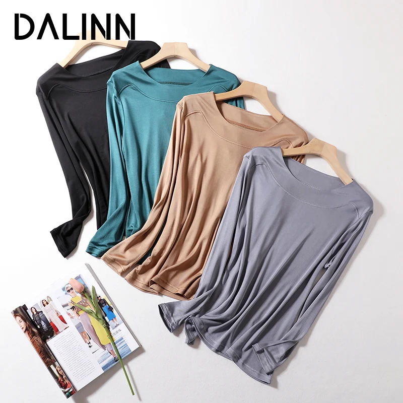 Woman Casual T Shirts Basic Slash Neck Long Sleeves Real Silk Blend Cozy Tee 2023 Spring Summer New Chic Top Green DALINN