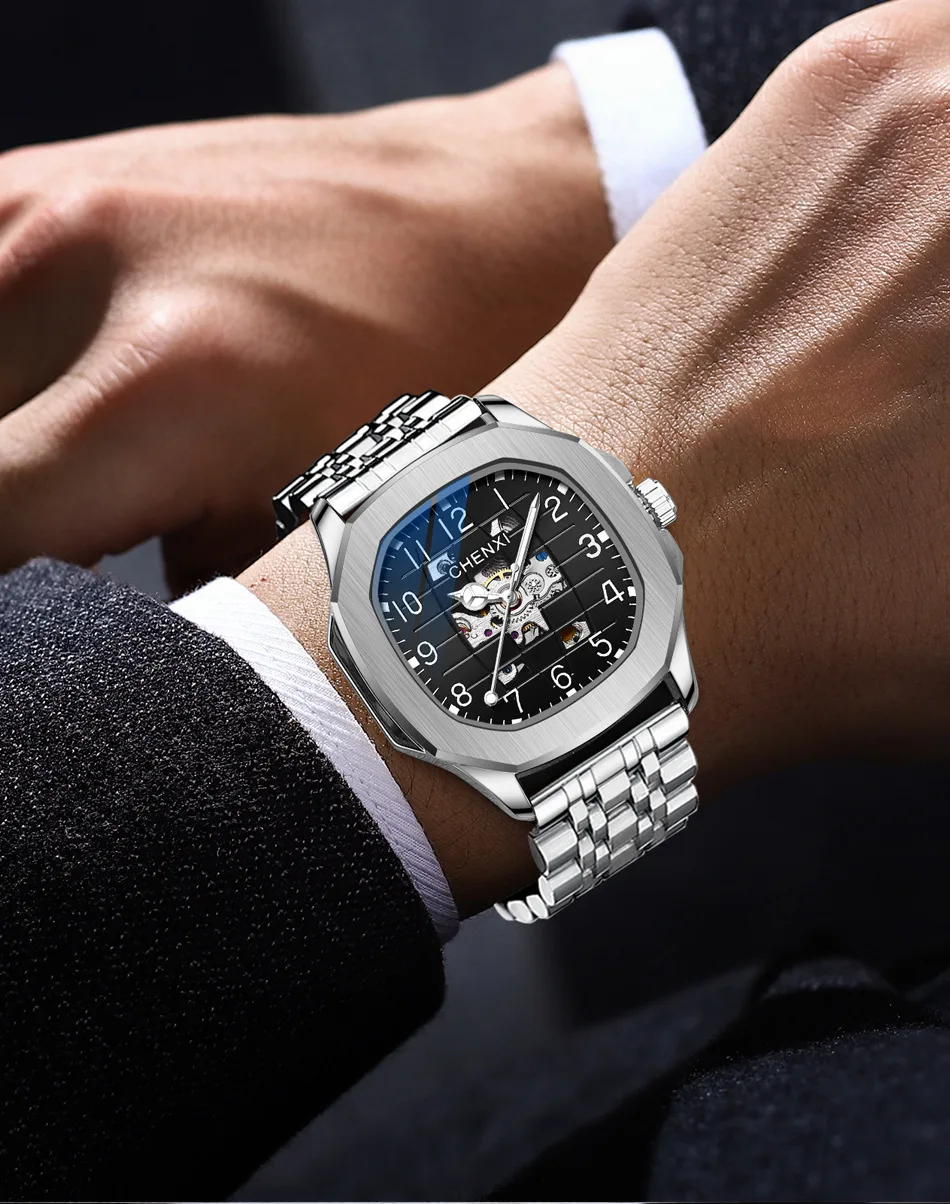 New Leather High-end Square Mechanical Watch Men's and Men's Waterproof Luminous Automatic Hollow Mechanical Watch