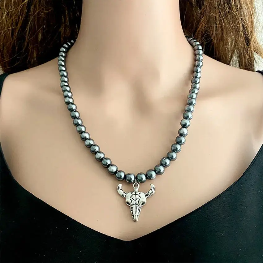 Imitated Gum Metal Pearl Chain Turquoise Stone Cross Cactus Tauren Totem Pendant Necklace for Women Choker Necklace Jewelry