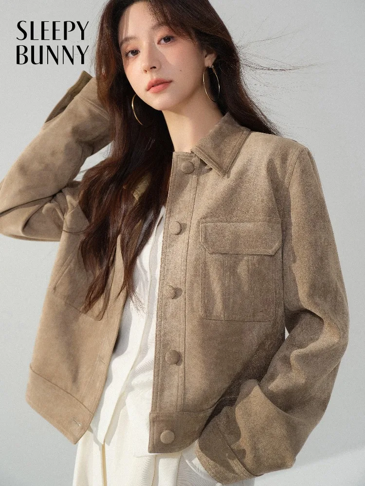 

Винтажная замшевая короткая куртка для женщин Коричневая укороченная верхняя одежда Шикарное осеннее пальто Повседневная приталенная куртка в стиле ретро для миниатюрного осеннего образа