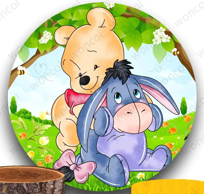 Pooh Eeyore Round Cover Winnie The Pooh Birthday Backdrop Piglet Pooh Retro Wood Honey Cylinder Cover Baby Shower Decor Prop