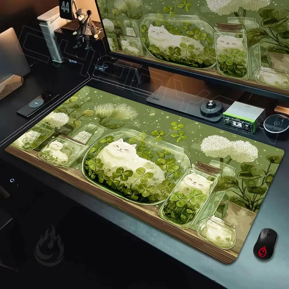 Four-leaf clover and cat Mouse Pad Desk Mat Large Computer Office Carpet xxl mousepad Gamer gaming pc accessories Keyboard Rug