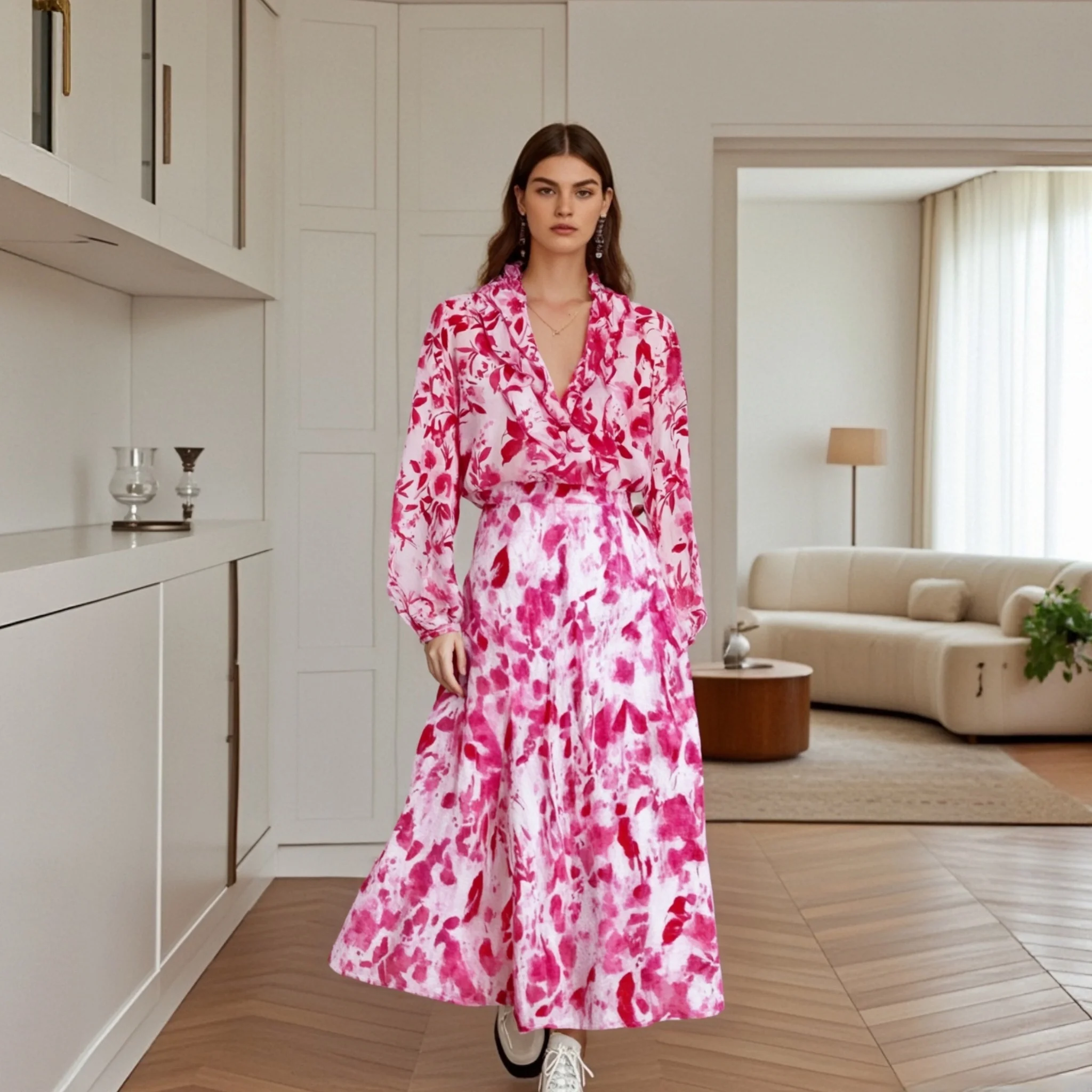 

PB&ZA 2025 Women's Pink Floral Print Ruffled Blouse and Skirt Set Fashionable Matching Outfit for Ladies