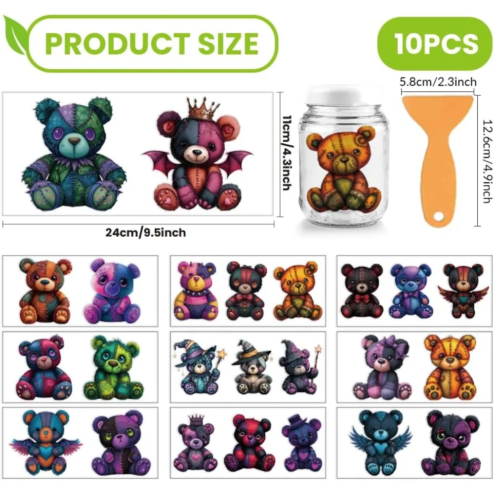 10 Sheets Graffiti Bear Theme UV DTF Cup Wrap for 16OZ Glass Popular Graffiti Colorful Bear Rub on Decals PVC Transfer