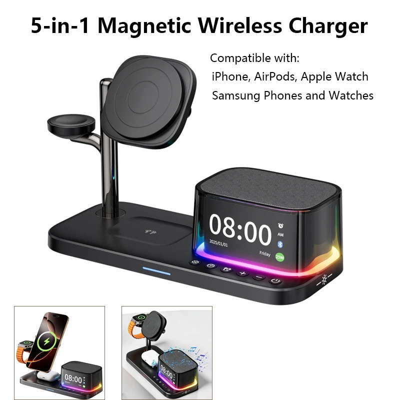 25W 5-in-1 Magnetic Wireless Charger for Phone and Watch Bluetooth Speaker Alarm Clock Night Light Fast Charging Station Qi2