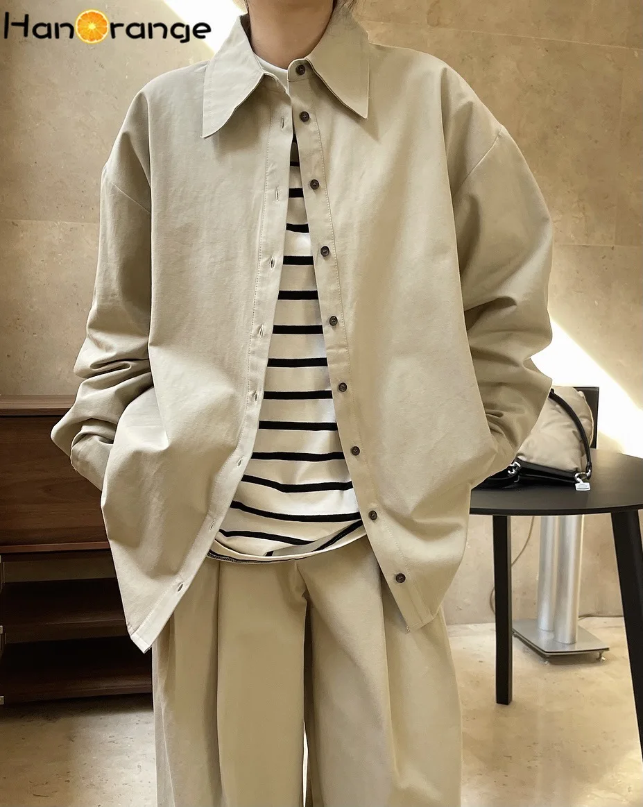 

HanOrange 2025 Spring Fashion Women's Cotton Shirt BF Style Shirt Raw Edge Lapel Loose Casual Long Sleeve Top Female