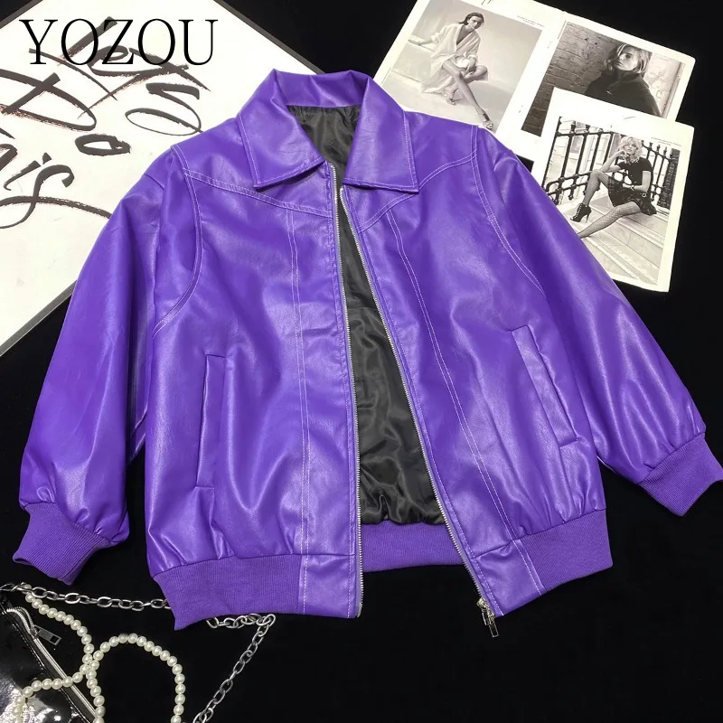 [YOZOU] Faux Fur Coat Women Purple Zipper Oversized Loose Baggy Bomber PU Jackets Stylish Outwear Motorcycle Boyfriend Style