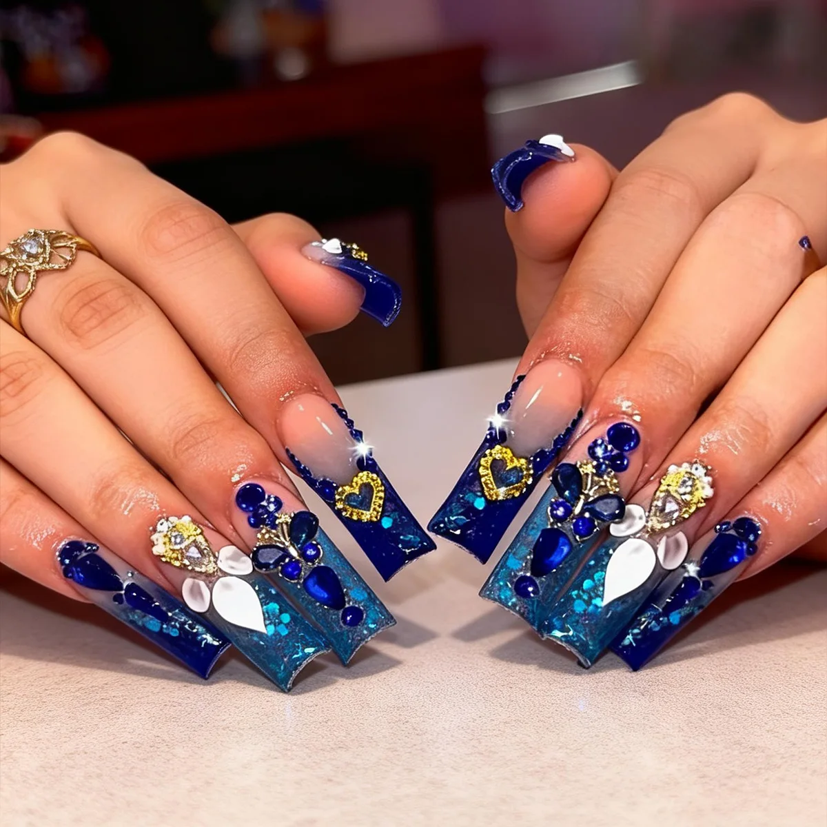 

24PCS Extra Long Square Fake Nails Star Gradient Minimalist Diamond Butterfly Press on Nails High End Elegant Simple False Nails