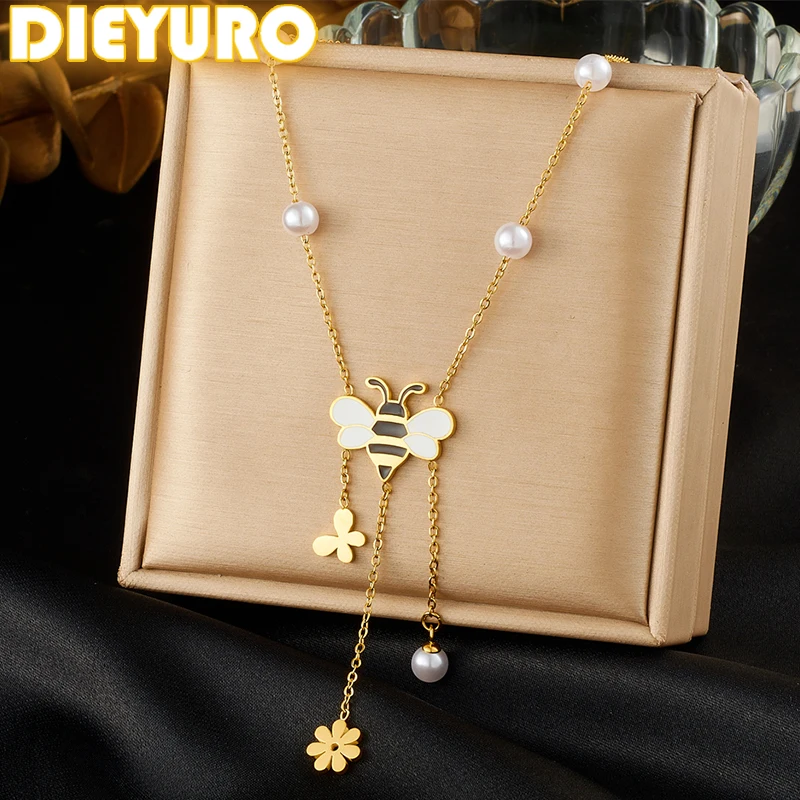 

DIEYURO 316L Stainless Steel Golden Enamel Bee Flower Pearl Pendant Necklace For Women New Trend Fashion Neck Chain Jewelry Gift