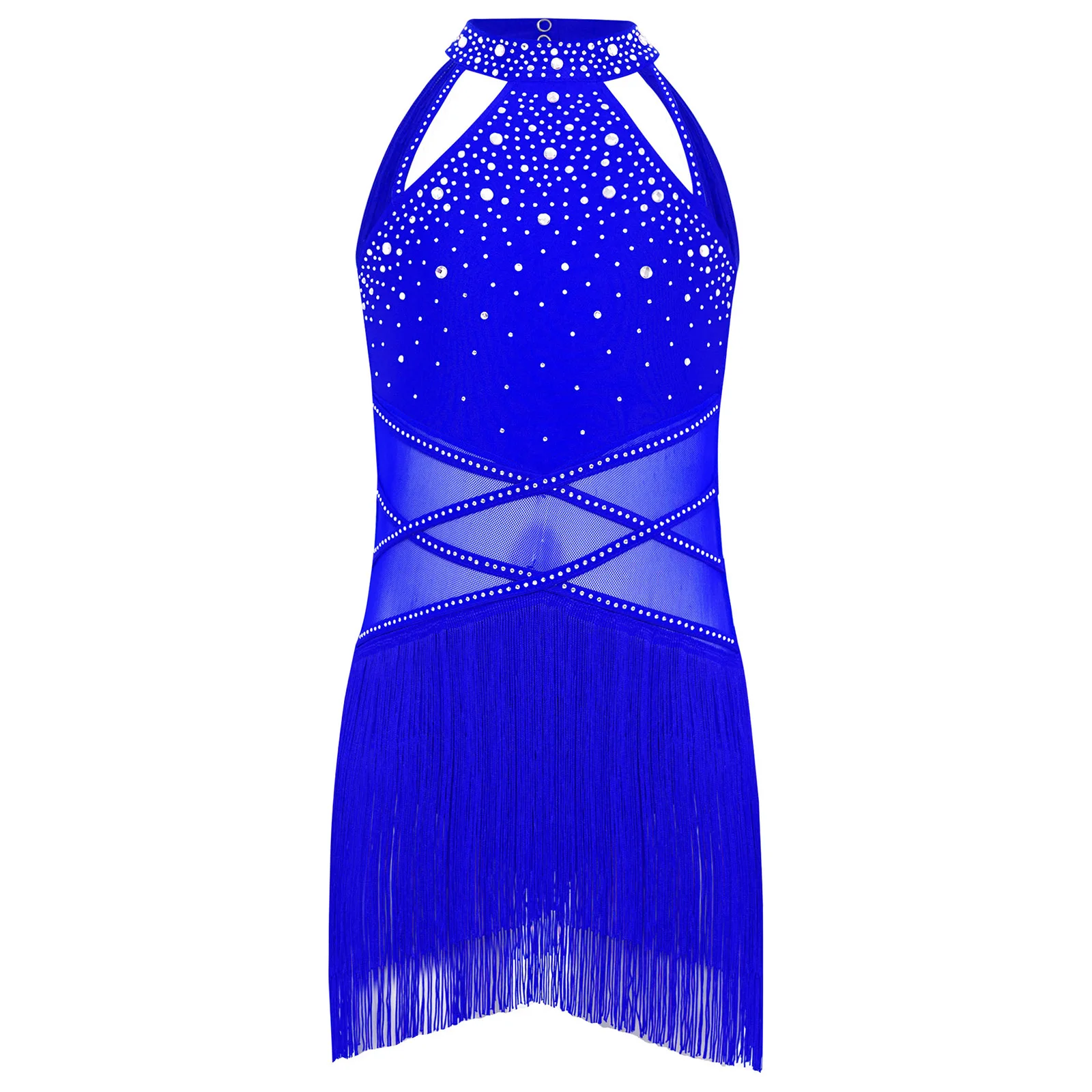 

Kids Girls Jazz Dance Performance Costume Shiny Rhinestones Sheer Mesh Patchwork Strappy Backless Tassel Dress Jazz Dancewear