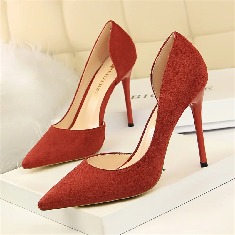 Women Shallow Mouth Side Hollow Flock High Heels Pumps Black Pink Red Stiletto Office Wedding Pointed Toe Single Shoes