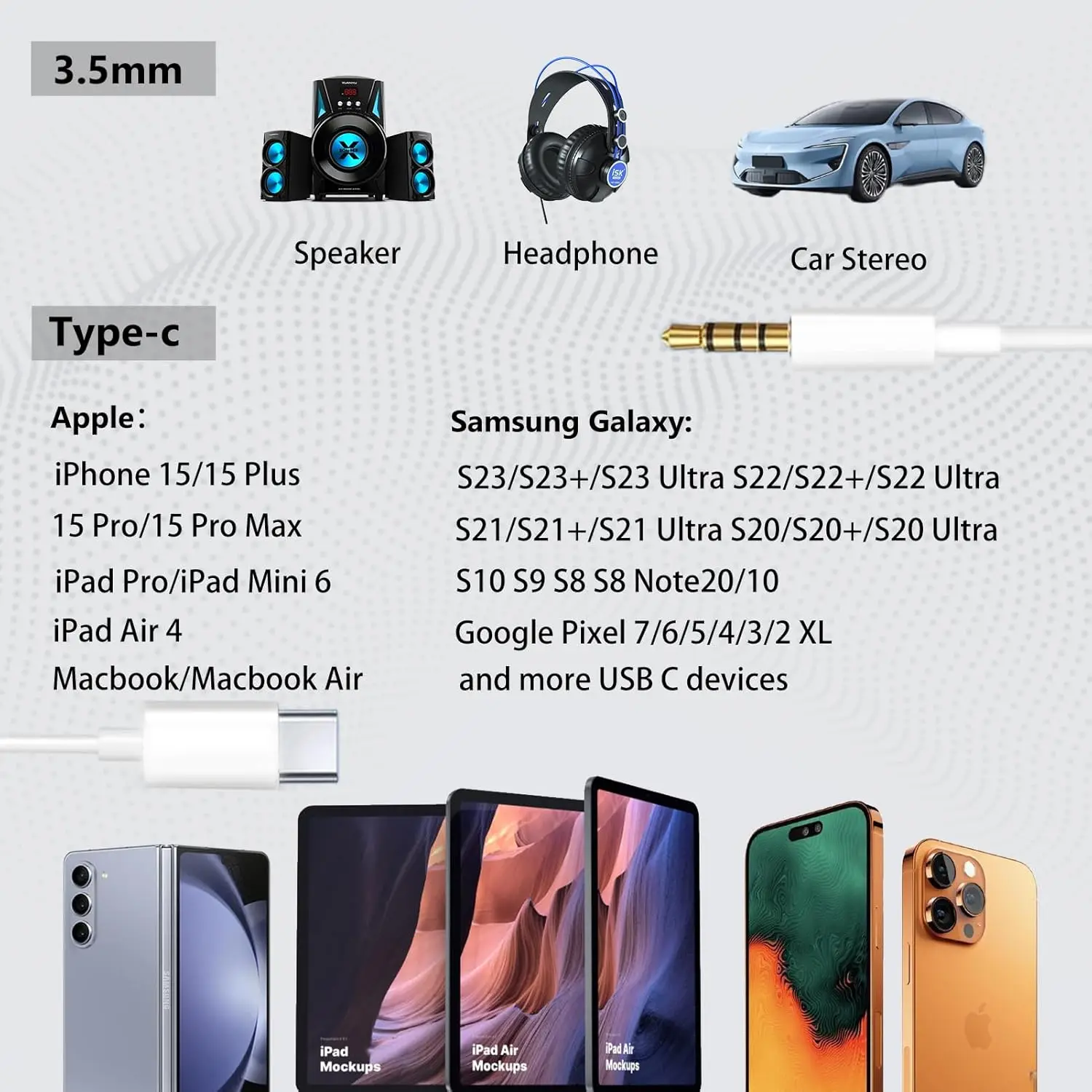 10개입 스테레오 USB C to 3.5mm 오디오 AUX 잭 케이블 3.3피트 아이폰 15/15 프로 맥스, 삼성 갤럭시 S23, S22, 노트 20 호환