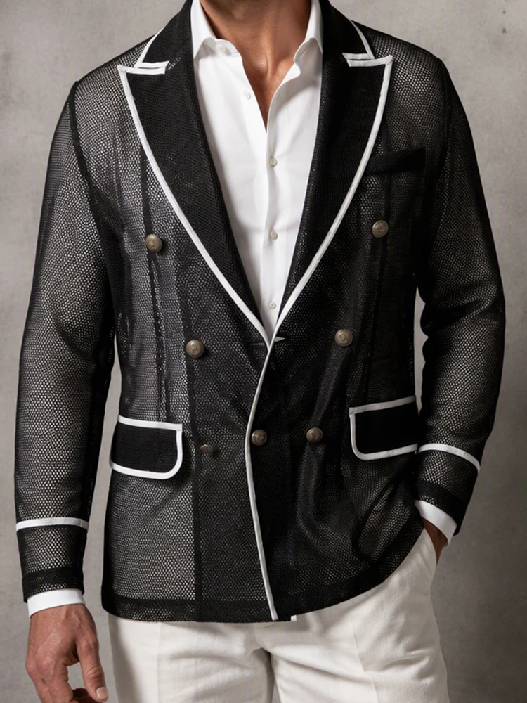 Men's Black Mesh Hollow Out Blazer Fashion Contrast Binding Peak Lapel Wedding Business Party Formal Stage Banquet Suit Jacket