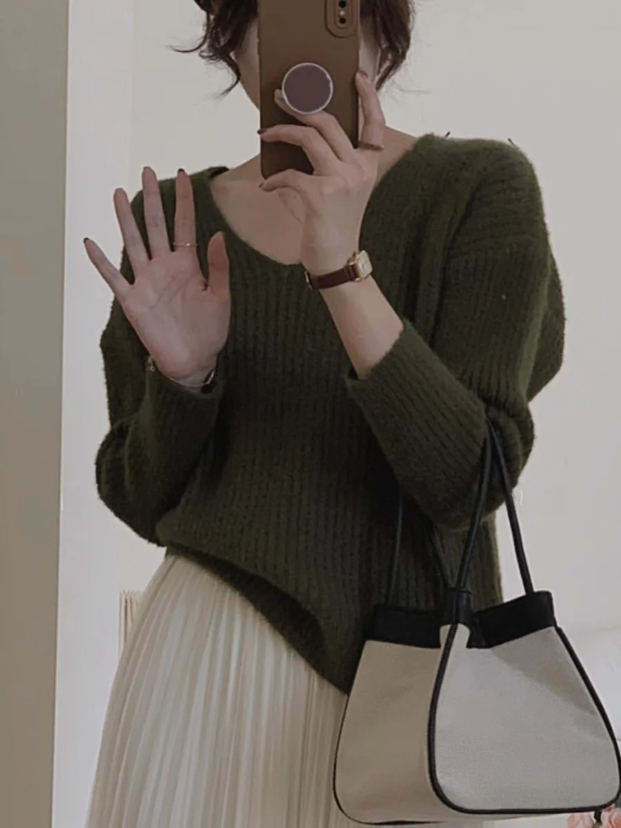 

High-End V-Ne Mink Knit Thiened Lazy Sweater Pure Color No edding Comfortable Fit Long Sve Crew Ne Pullover Knitwear