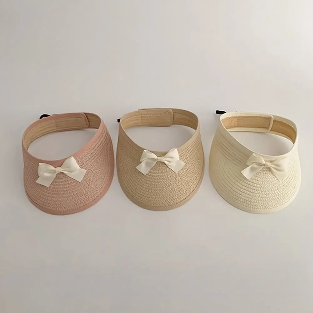 Fashion Korean Baby Straw Caps Empty Top Anti-UV Bow Straw Hat Wide Brim Sun Protection Visor Cap Beach