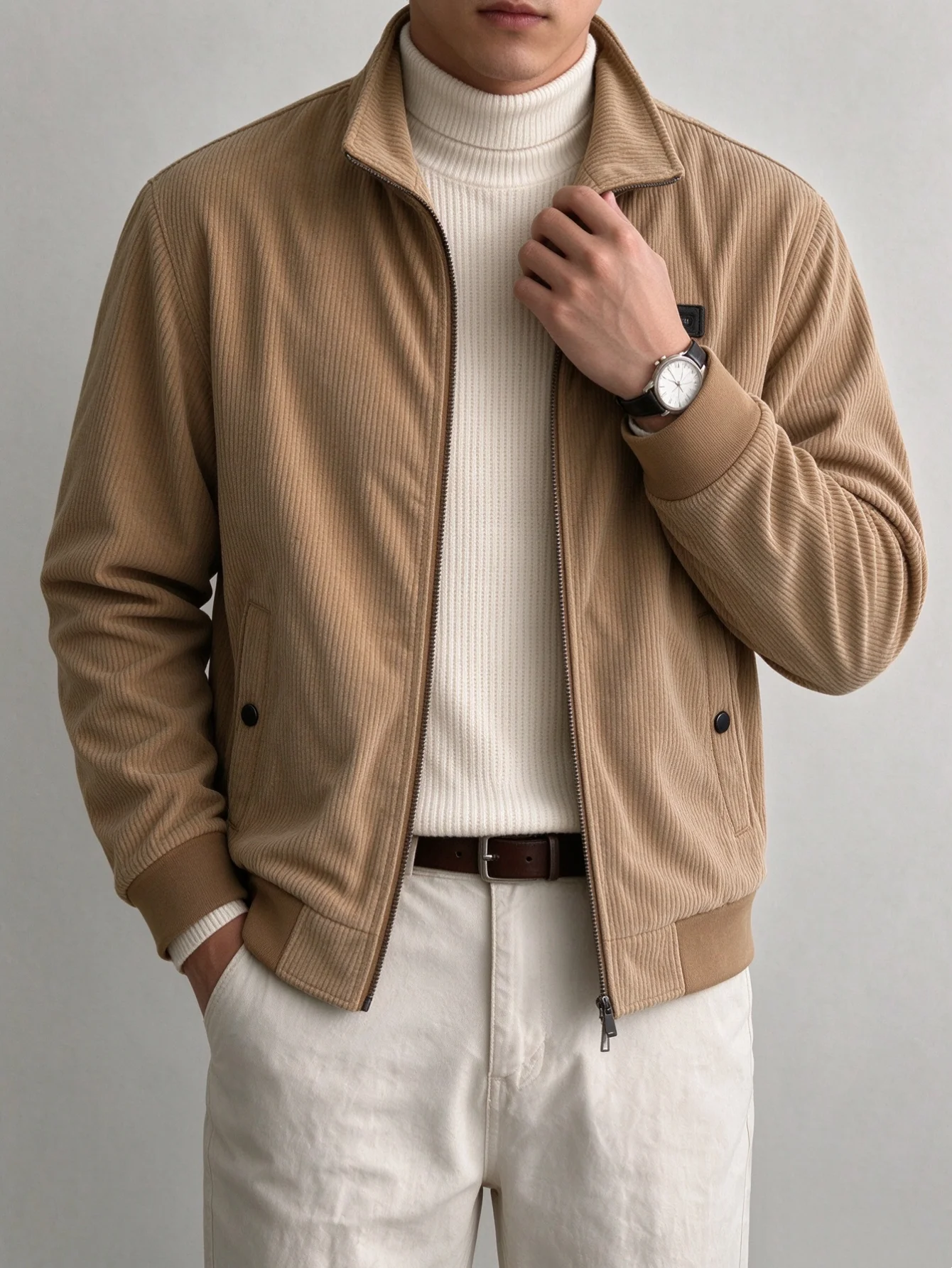 Men Corduroy Jacket Thick Sherpa Lined Warm Stand Collar Full Zip Coat Rib Cuff Casual Winter Outerwear KhakiWarm Casual Jacket