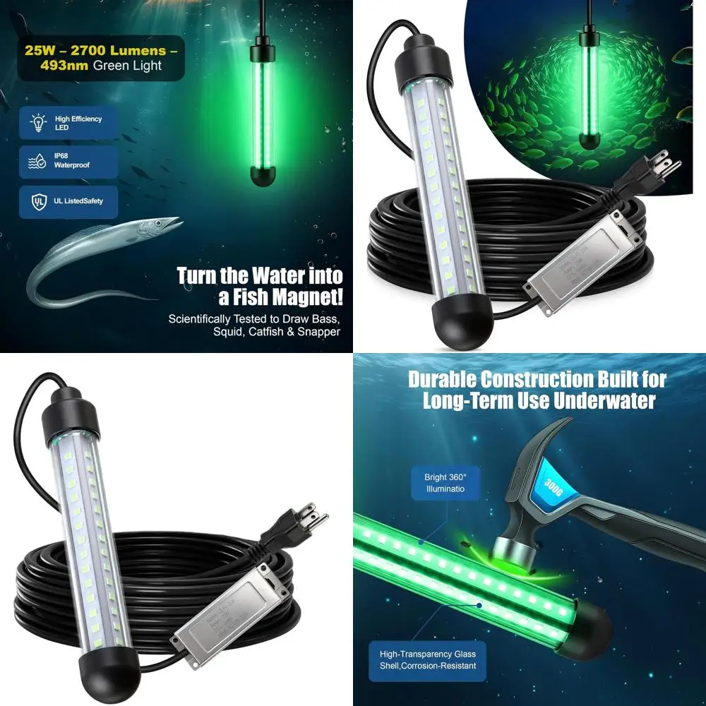 

Подводный рыболовный фонарь 25 Вт, 2700 лм, зеленый, IP68, светодиодный привлекатель рыбы, сертифицированный UL, кабель 10 м для лодок и причалов