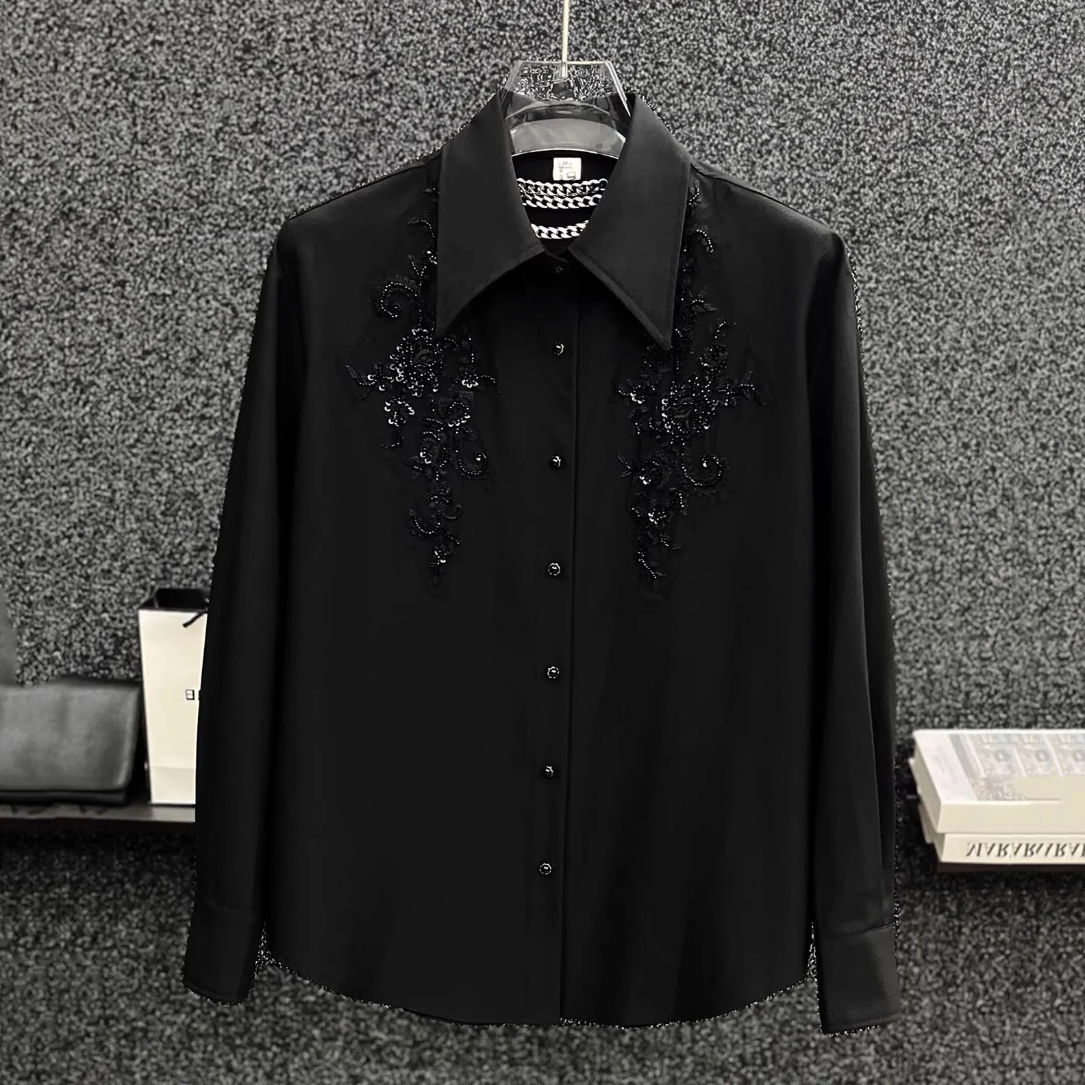 Men's Sequined Flower Embroidered Shirt French Autumn Casual Fashion High Street Shoulder Pad Male Long Sleeved Shirts