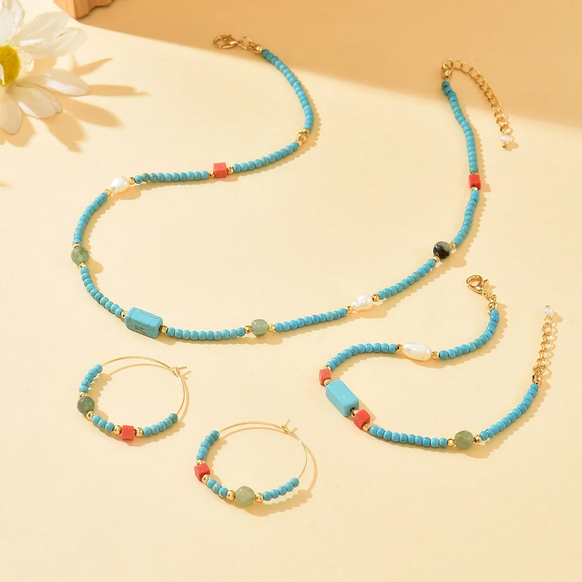 

Handmade Beaded Jewelry Set for Women - Necklace Earrings Bracelet Irregular Geometric Shapes Festive Gift Ladies' Accessories
