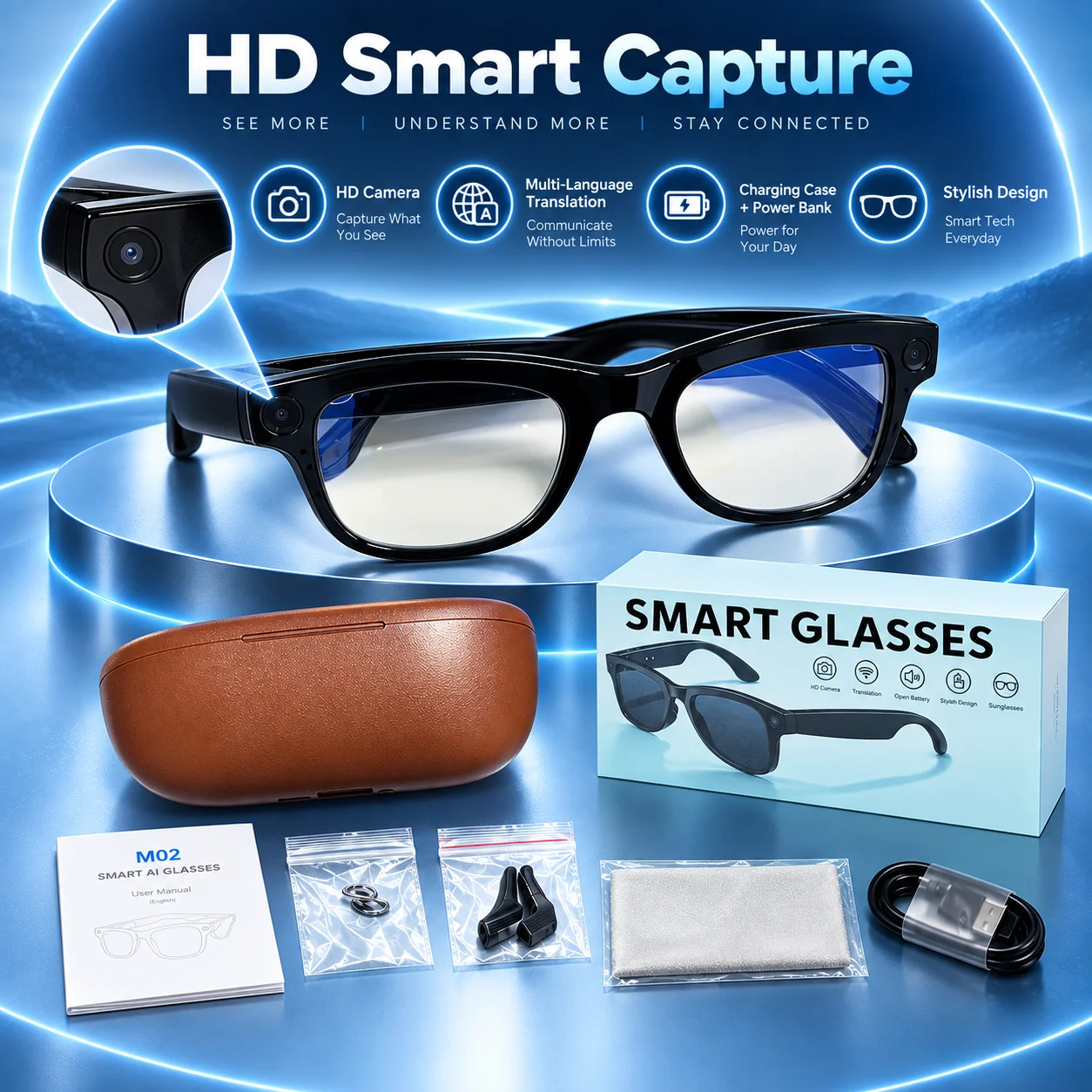 Cross-border new M02 ultra smart glasses AI translation 800w pixel charging compartment wifi transmission shooting glasses