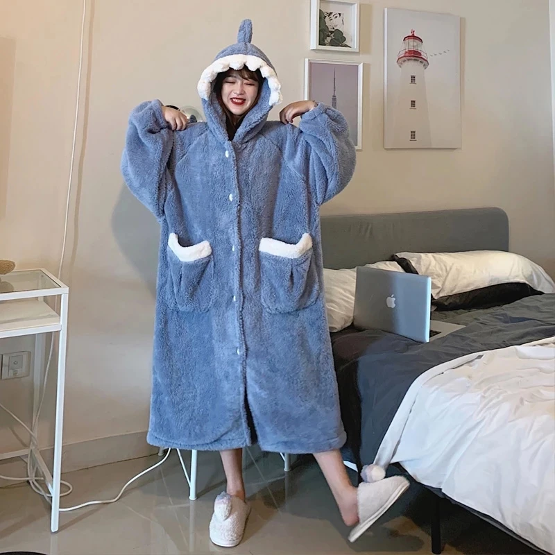 Korea Bathrobe Winter Women Fleece Nightgown Kawaii Cartoon Shark Fleece Hooded Ladies Robe Thick Pajamas Long Dressing Gown