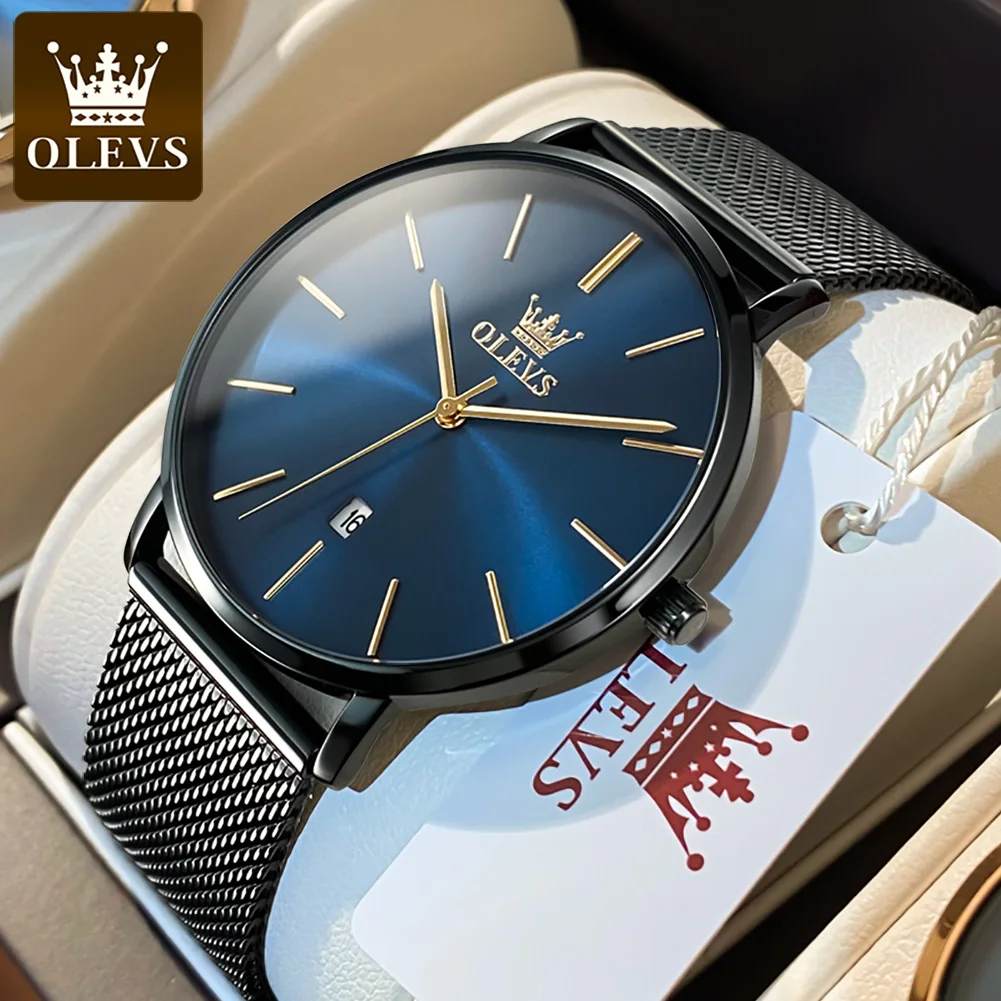 OLEVS 5869 Ultra Thin 6.5mm Quartz Watch for Men Mesh Steel Strap Waterproof Watch Auto Date Fashion Minimalist Men\'s Wristwatch