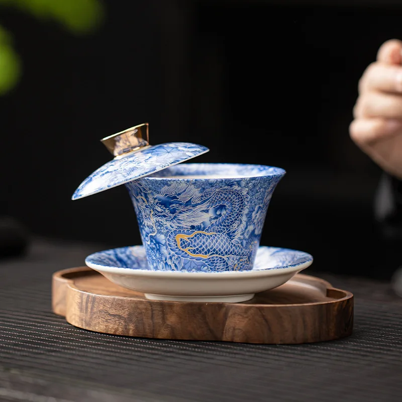 Chinese Tangka Rotatable Tea Tureen Gold Silver Mixed Gaiwan Zen Sheep Fat Jade Hovering Lid Teacup Kungfu Teaware Gifts Box