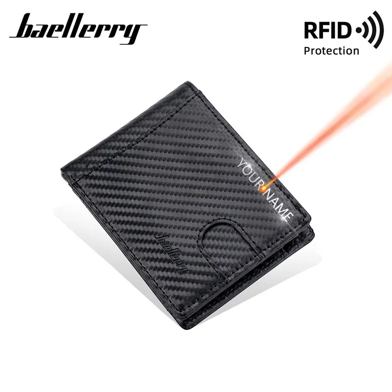 Baellerry-billeteras de fibra de carbono RFID para hombre, tarjetero delgado con grabado de nombre, monederos masculinos, tarjetero de calidad, nuevo