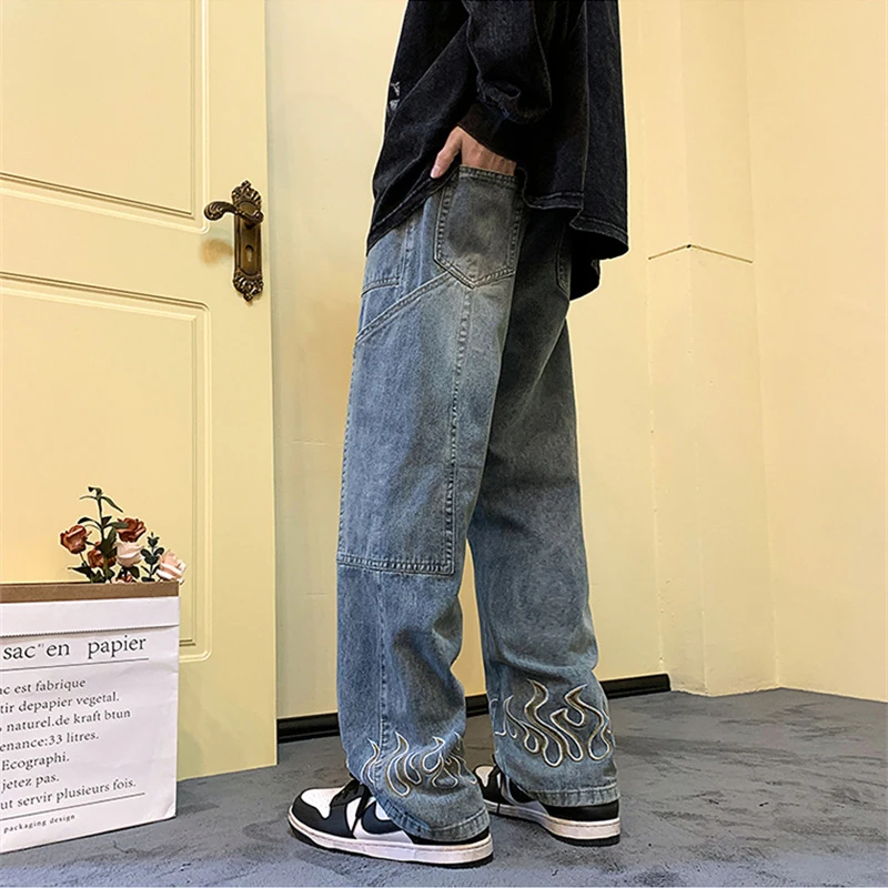 Y2K Vintage Flamme Gedruckt Jeans Für Männer Baggy Streetwear Breite Bein Denim Hosen 2024 Neue Hip Hop Mode Gerade Pantalones