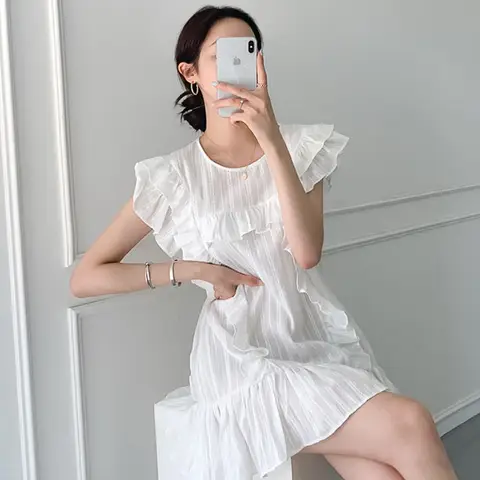 여유로운 원형 칼라 드레스 여름 한국 스타일 여유로운 원형 칼라 플리츠 플리츠 소매 작은 키 짧은 드레스 원형 칼라 드레스 원형 칼라 드레스