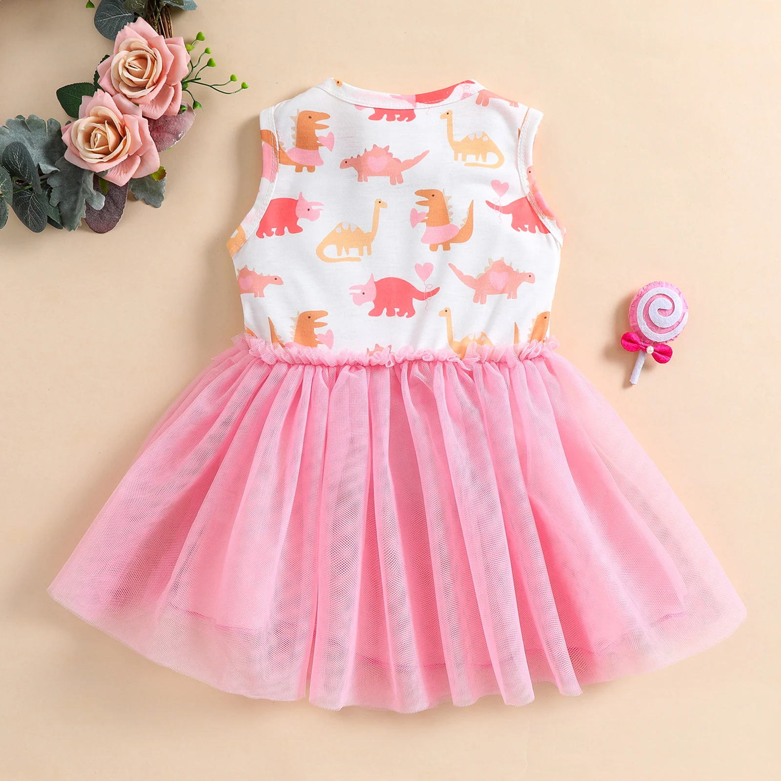 Summer 1-5 Years Little Girl Princess Dress Clothing Baby Girl Sleeveless Dinosaur Print Mesh Dress For Kids Girl Party